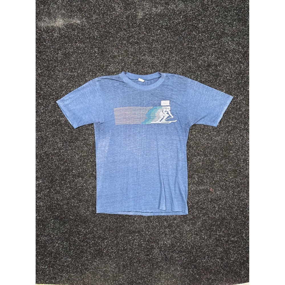 Vintage 80s Skier Graphic T Shirt Blue Heather Single Stitch Thin Medium Slim